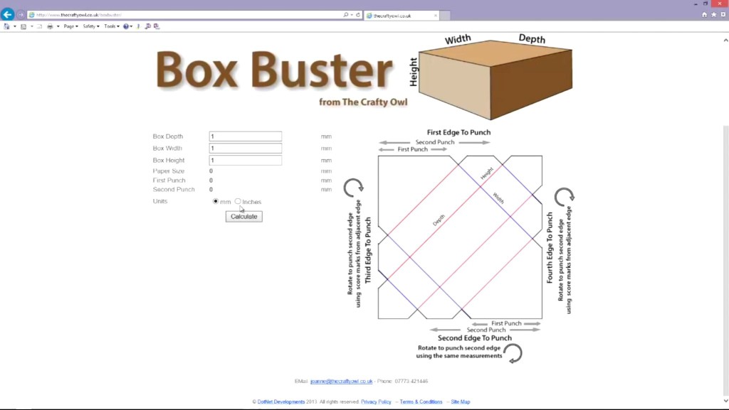 This is a screenshot of the Box Buster tool in action. You enter the desired box depth, height and width, and the app will tell you what size to cut your paper, and where the first and second punches should go. Easy-peasy!