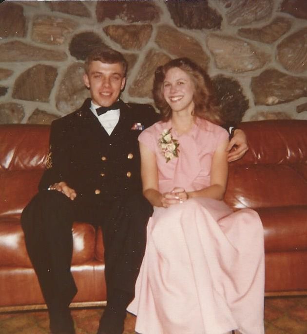 John traded a Navy ROTC scholarship in college for four years of service as a Naval Weapons Officer. During college, his ROTC unit held Naval balls, where everyone dressed up. I made my own gowns. This peach crepe gown was based on a Vogue pattern.
