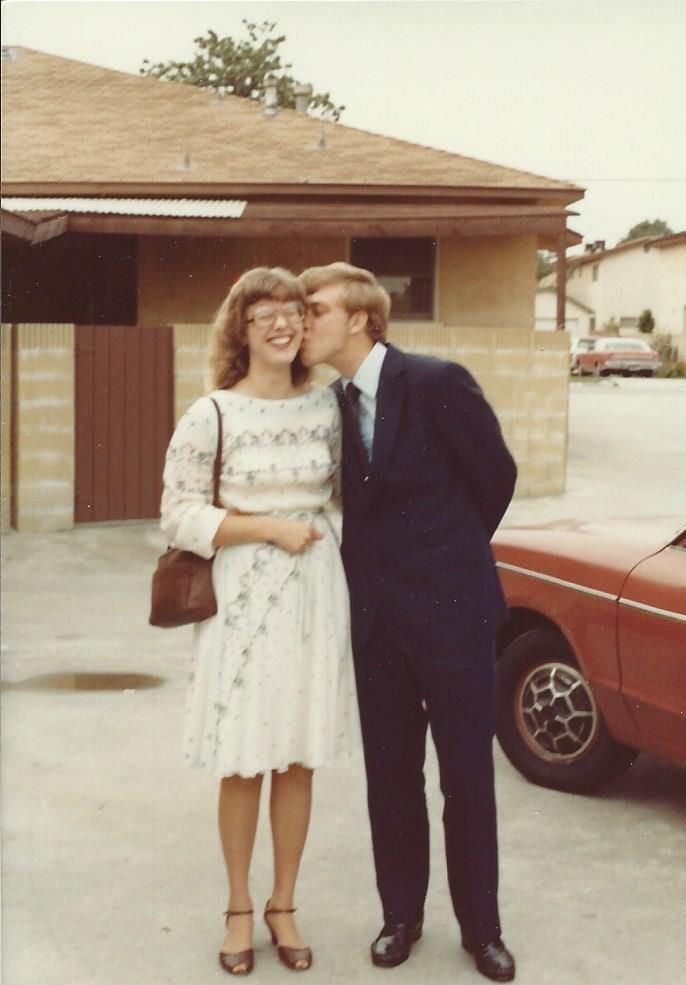 This photo is likely from 1980 or 1981--very early in our marriage. I don't know if we're dressed up to go to dinner or to church, but I know I wore this dress to work as well.