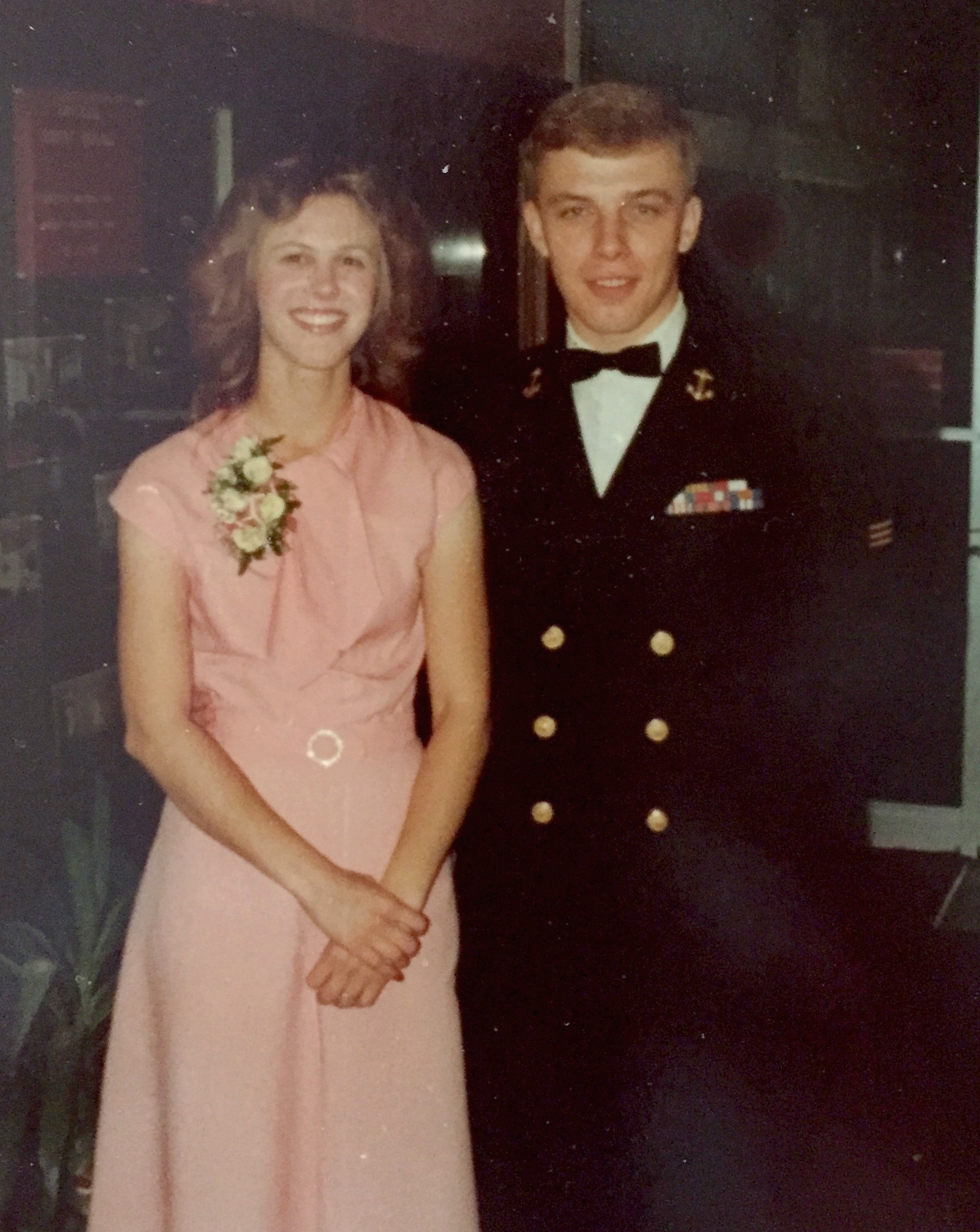 We got engaged in October, 1977, at the Navy ROTC ball. The dress I am wearing was sewn from a Vogue pattern.