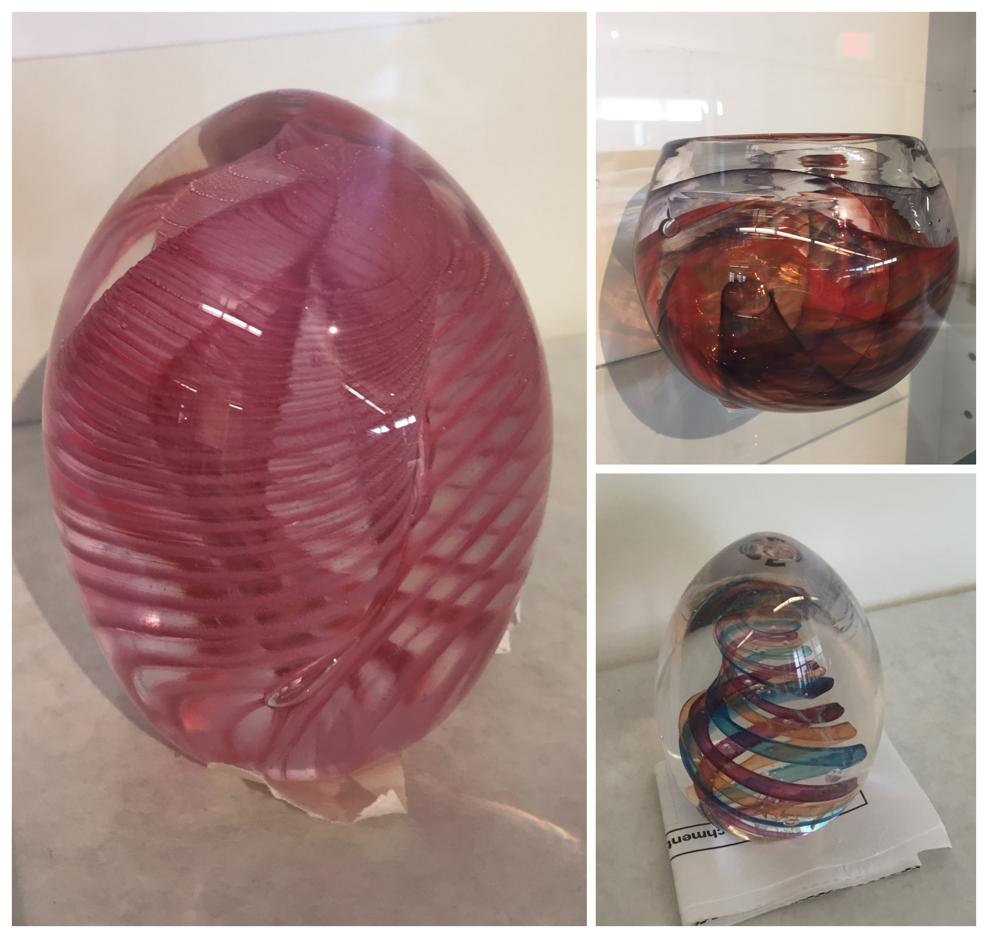 Left: Strawberry Sorbet, by Brenda Kutz. Top: Concentric, by Keith Kutz. Bottom: Helix, by Brenda Kutz.